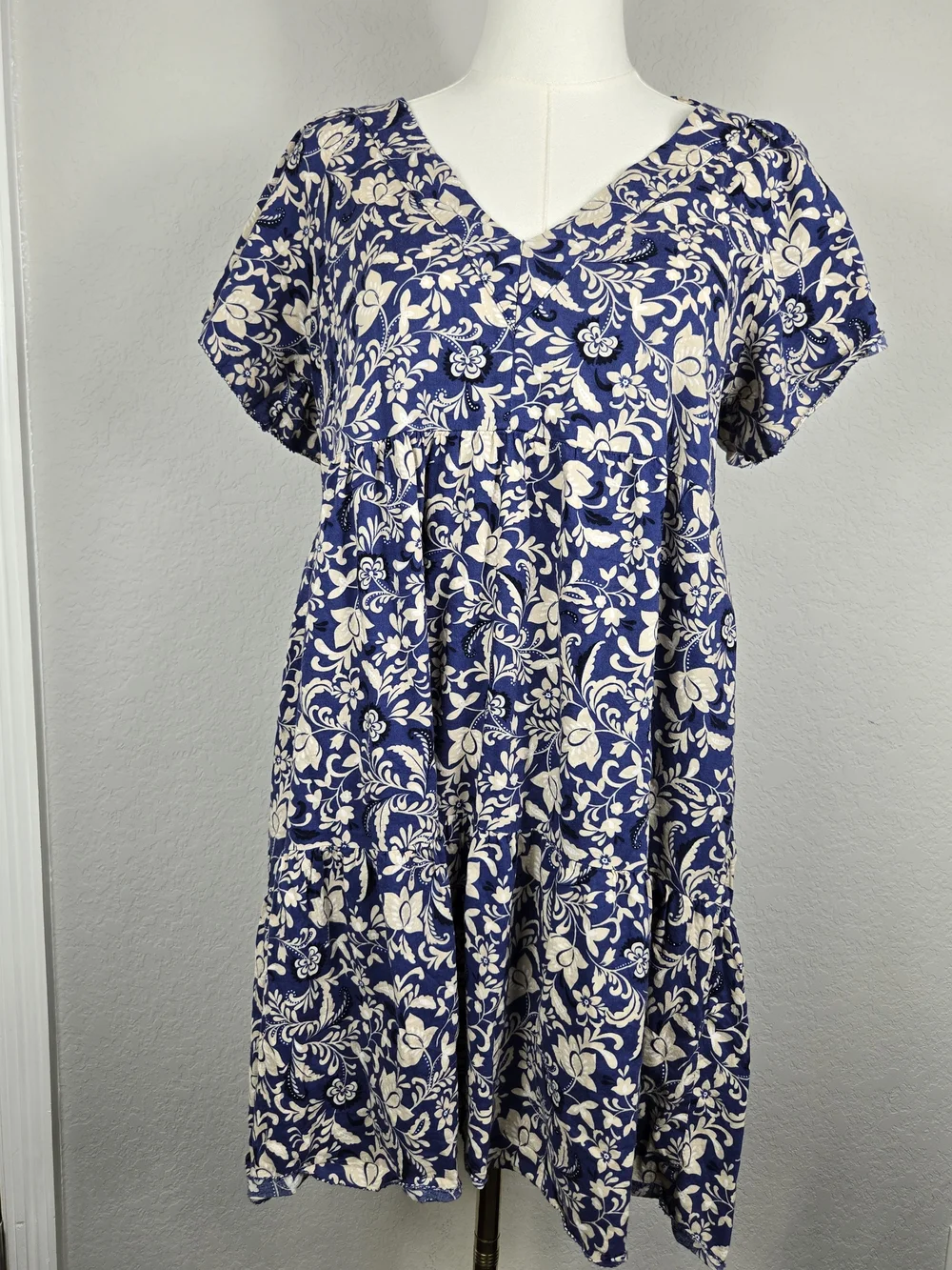 Old Navy Floral Tiered Mini Dress Small Boho Cottagecore Puff Sleeve V Neck - Picture 6 of 7
